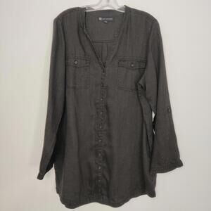 Lady Hathaway Black 100% Linen Button Front Tunic Shirt Roll Tab XXL